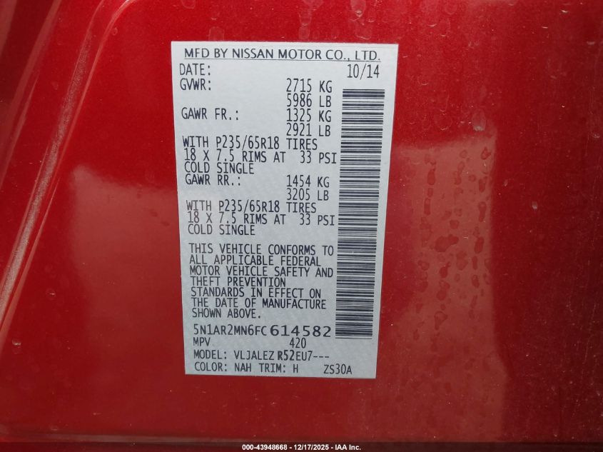 2015 Nissan Pathfinder Sv VIN: 5N1AR2MN6FC614582 Lot: 43948668