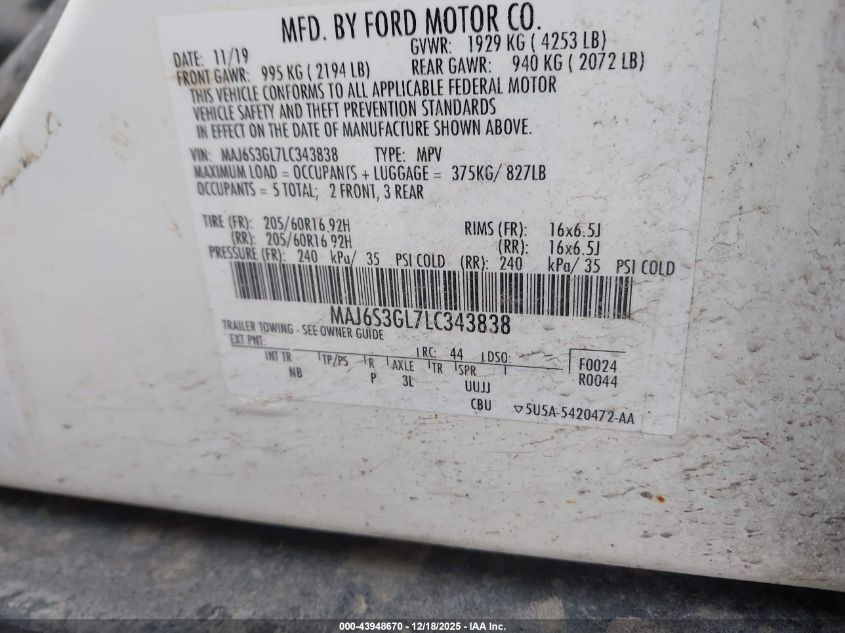 2020 Ford Ecosport Se VIN: MAJ6S3GL7LC343838 Lot: 43948670