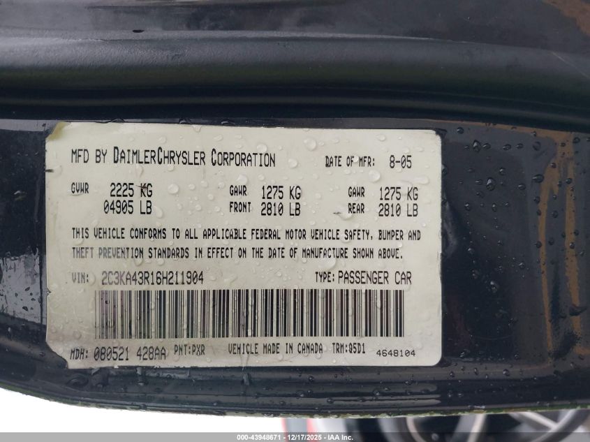 2006 Chrysler 300 VIN: 2C3KA43R16H211904 Lot: 43948671