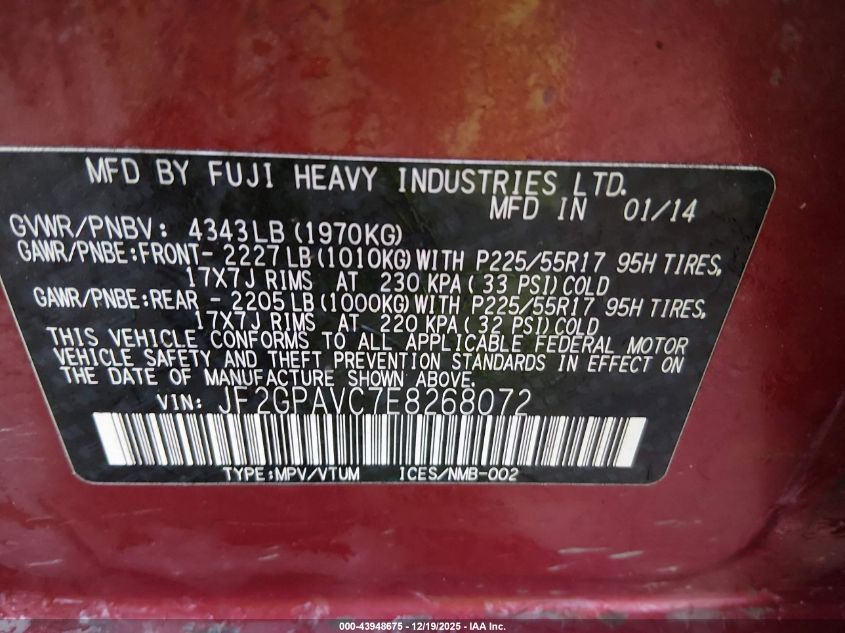 2014 Subaru Xv Crosstrek 2.0I Premium VIN: JF2GPAVC7E8268072 Lot: 43948675