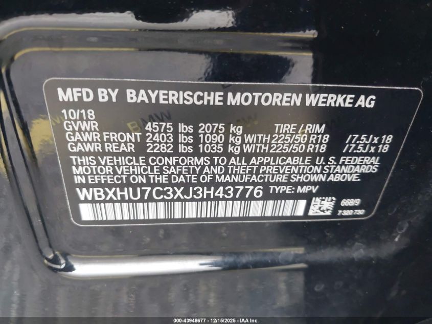 2018 BMW X1 Sdrive28I VIN: WBXHU7C3XJ3H43776 Lot: 43948677