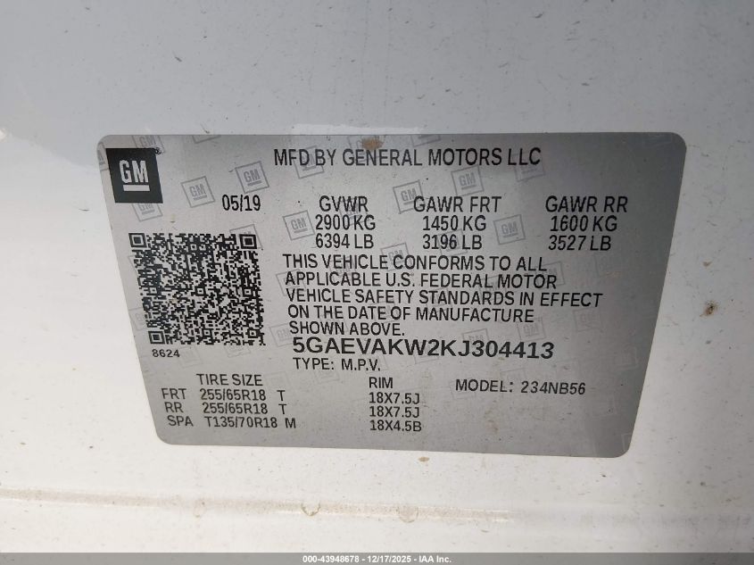 2019 Buick Enclave Awd Essence VIN: 5GAEVAKW2KJ304413 Lot: 43948678