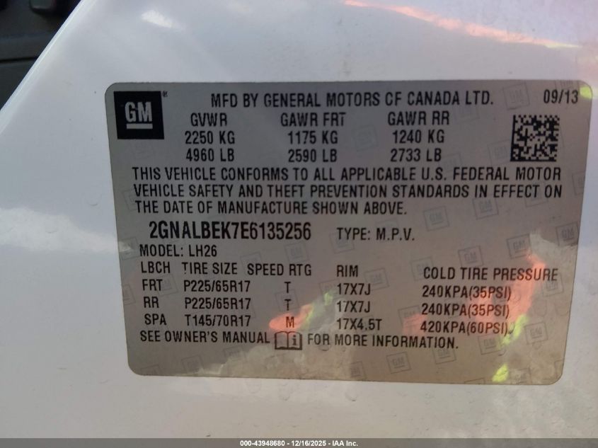 2014 Chevrolet Equinox 1Lt VIN: 2GNALBEK7E6135256 Lot: 43948680