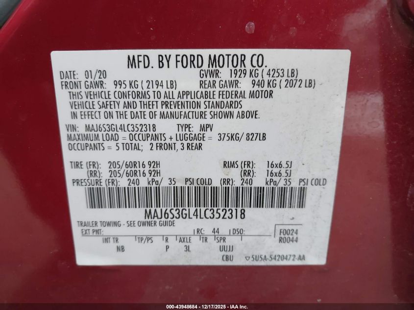 2020 Ford Ecosport Se VIN: MAJ6S3GL4LC352318 Lot: 43948684