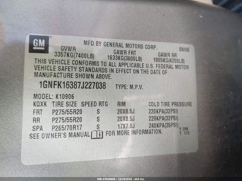 2007 Chevrolet Suburban 1500 Ltz VIN: 1GNFK16387J227038 Lot: 43948685