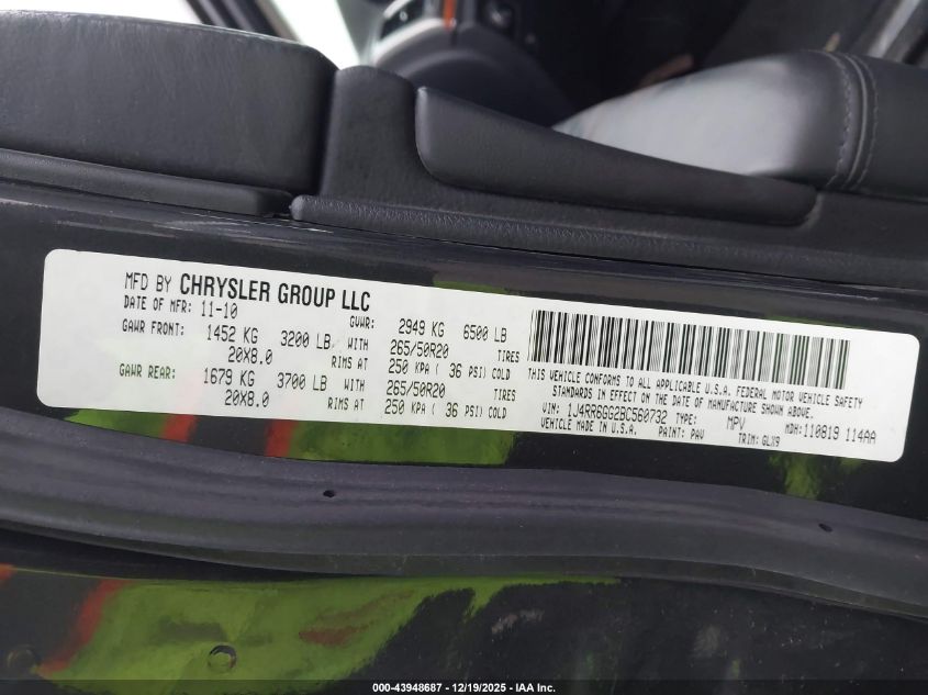 2011 Jeep Grand Cherokee Overland VIN: 1J4RR6GG2BC560732 Lot: 43948687