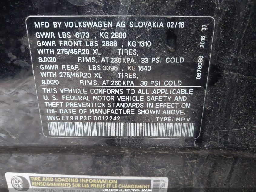 2016 Volkswagen Touareg Vr6 Executive VIN: WVGEF9BP3GD012242 Lot: 43948688
