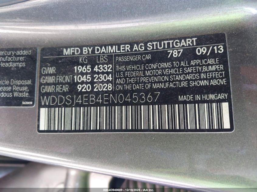 2014 Mercedes-Benz Cla 250 VIN: WDDSJ4EB4EN045367 Lot: 43948689