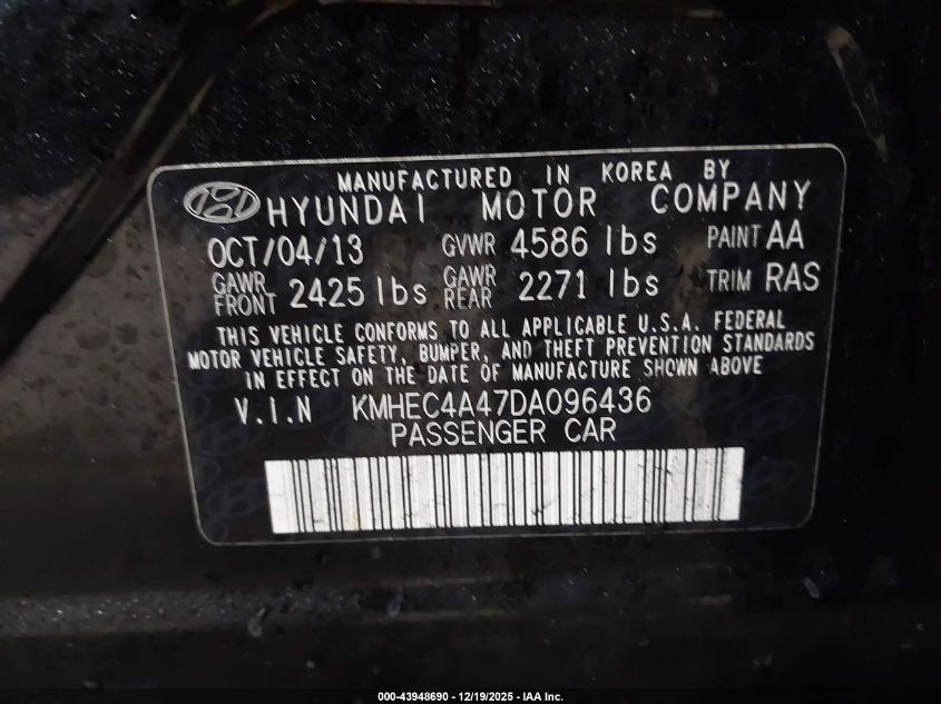 2013 Hyundai Sonata Hybrid VIN: KMHEC4A47DA096436 Lot: 43948690