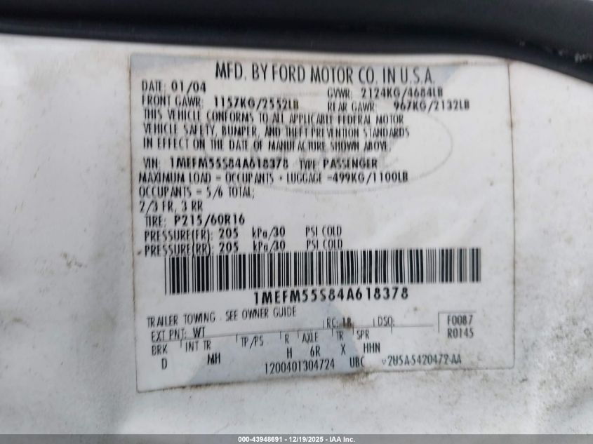 2004 Mercury Sable Ls Premium VIN: 1MEFM55S84A618378 Lot: 43948691