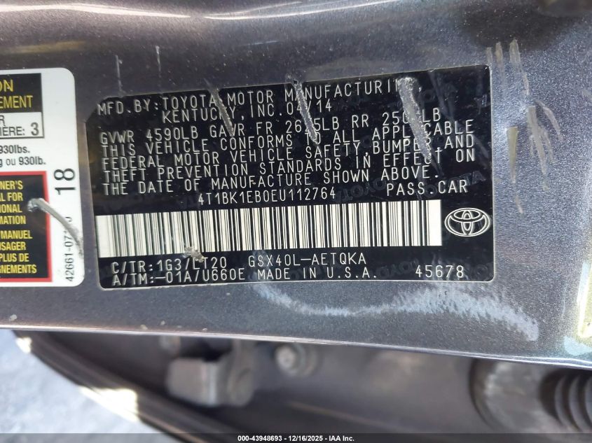 2014 Toyota Avalon Xle Touring VIN: 4T1BK1EB0EU112764 Lot: 43948693