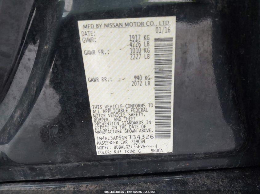 2016 Nissan Altima 2.5 S VIN: 1N4AL3AP5GN334326 Lot: 43948695