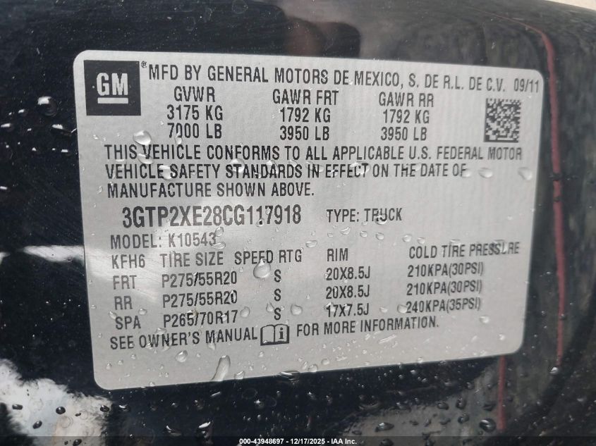 2012 GMC Sierra 1500 Denali VIN: 3GTP2XE28CG117918 Lot: 43948697