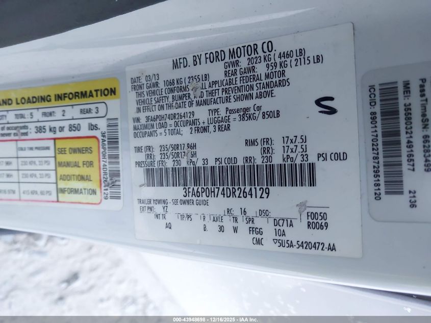 2013 Ford Fusion Se VIN: 3FA6P0H74DR264129 Lot: 43948698