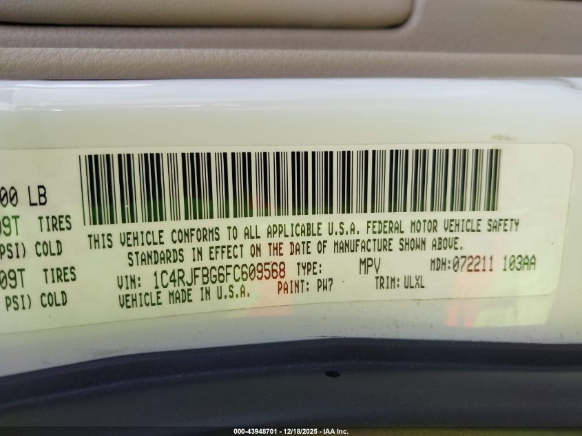 2015 Jeep Grand Cherokee Limited VIN: 1C4RJFBG6FC609568 Lot: 43948701