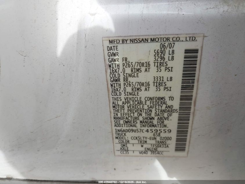 2007 Nissan Frontier Se VIN: 1N6AD09U57C459559 Lot: 43948702