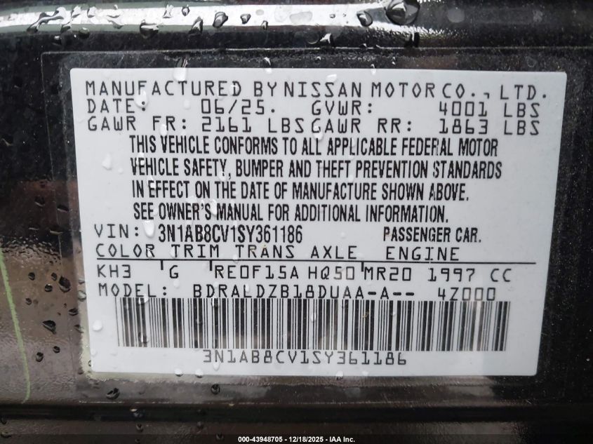 2025 Nissan Sentra Sv VIN: 3N1AB8CV1SY361186 Lot: 43948705