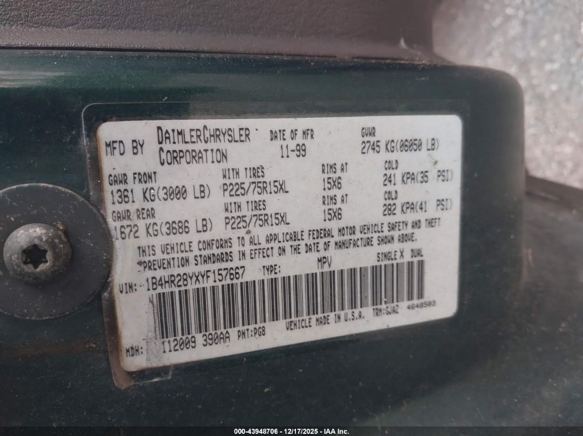 2000 Dodge Durango VIN: 1B4HR28YXYF157667 Lot: 43948706