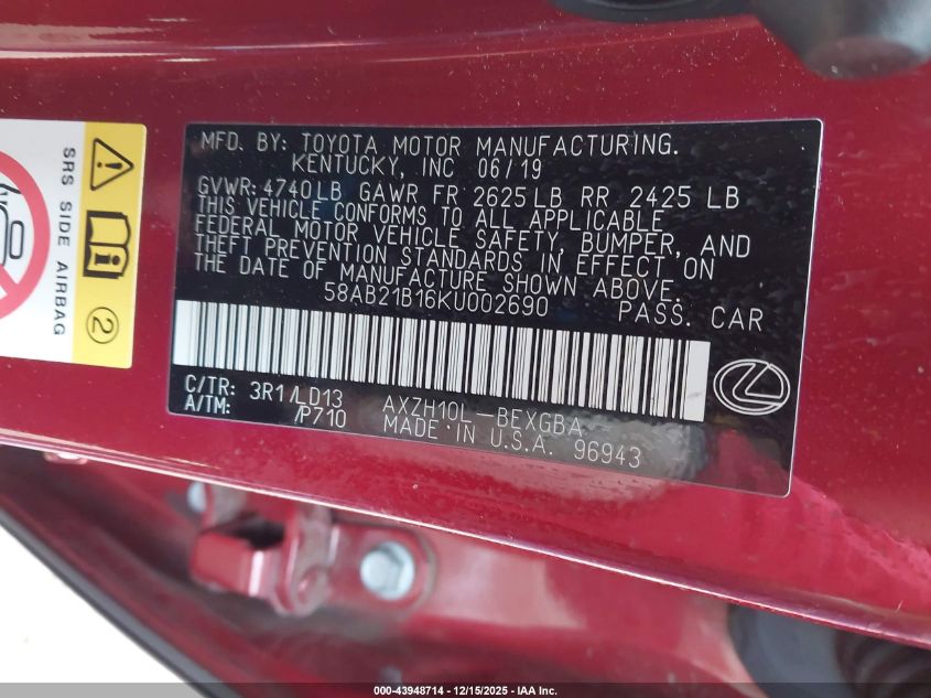 2019 Lexus Es 300H VIN: 58AB21B16KU002690 Lot: 43948714