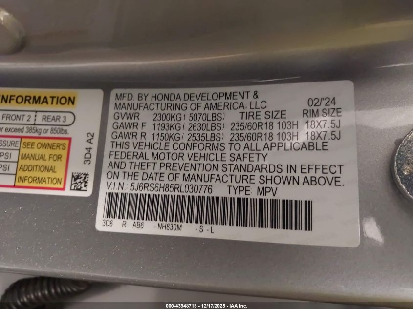2024 Honda Cr-V Hybrid Sport-L VIN: 5J6RS6H85RL030776 Lot: 43948718