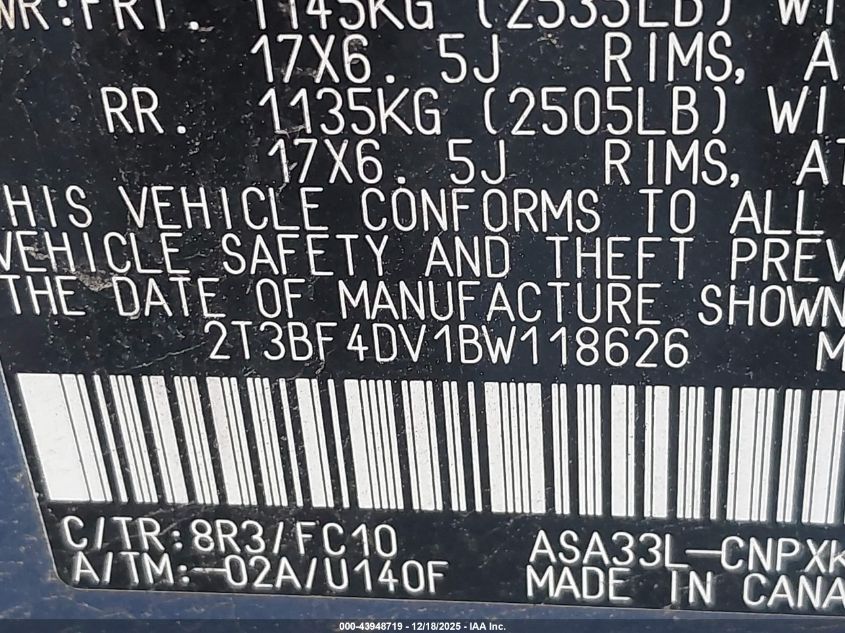 2011 Toyota Rav4 VIN: 2T3BF4DV1BW118626 Lot: 43948719