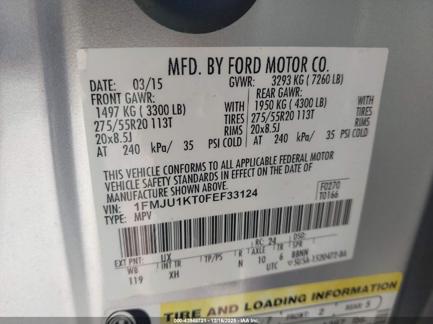 2015 Ford Expedition Limited VIN: 1FMJU1KT0FEF33124 Lot: 43948721