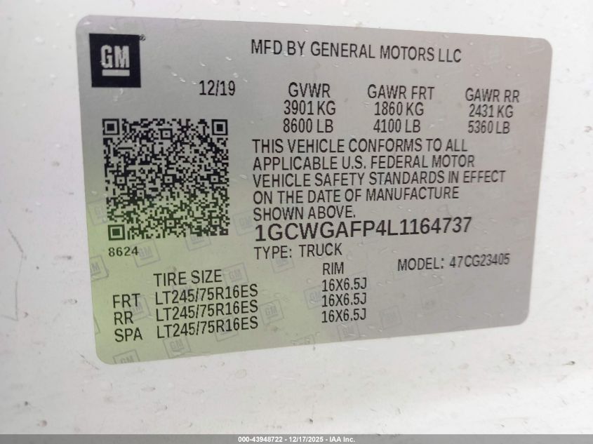 2020 Chevrolet Express Cargo Rwd 2500 Regular Wheelbase Wt VIN: 1GCWGAFP4L1164737 Lot: 43948722