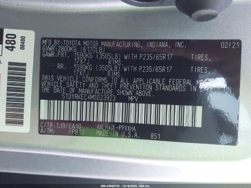 2021 Toyota Sienna Xle VIN: 5TDYRKEC4MS023923 Lot: 43948725