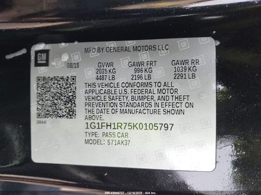 2019 Chevrolet Camaro 2Ss VIN: 1G1FH1R75K0105797 Lot: 43948727