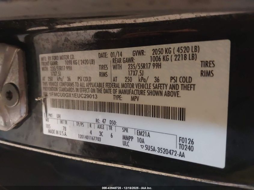 2014 Ford Escape Se VIN: 1FMCU0GX1EUC29013 Lot: 43948728