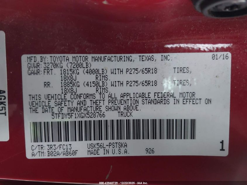 2016 Toyota Tundra Sr5 5.7L V8 VIN: 5TFDY5F1XGX528766 Lot: 43948729