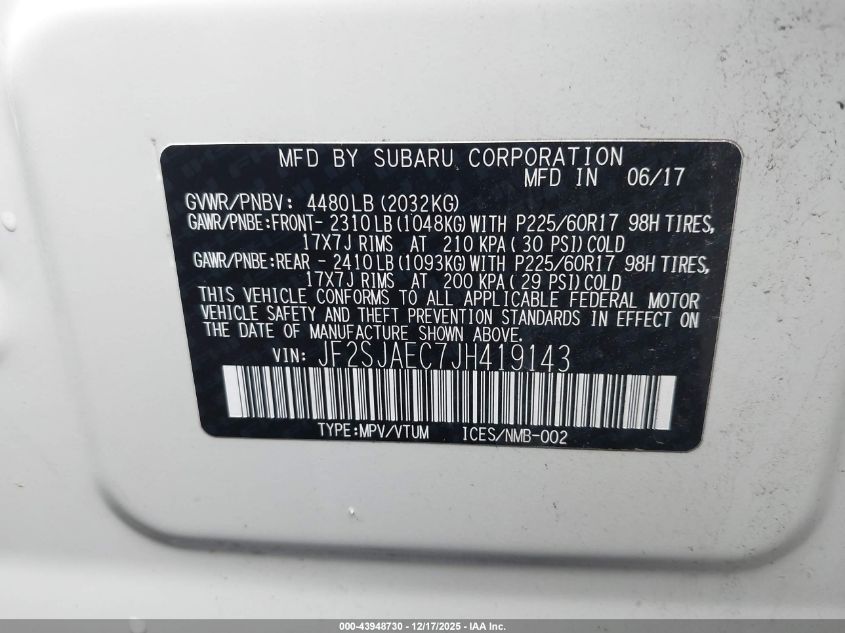 2018 Subaru Forester 2.5I Premium VIN: JF2SJAEC7JH419143 Lot: 43948730