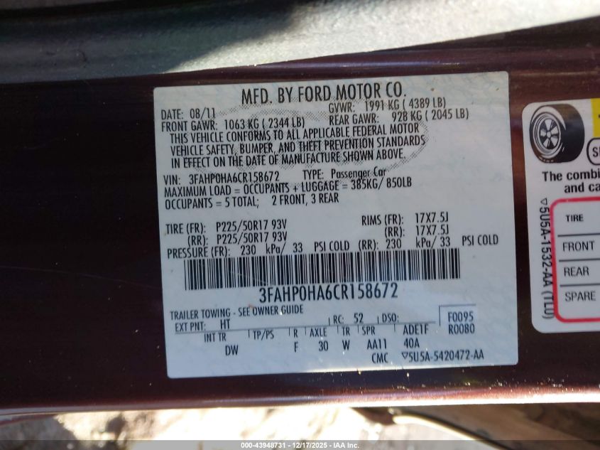 2012 Ford Fusion Se VIN: 3FAHP0HA6CR158672 Lot: 43948731