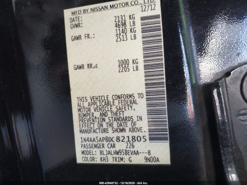 2013 Nissan Maxima 3.5 Sv VIN: 1N4AA5AP8DC821805 Lot: 43948732