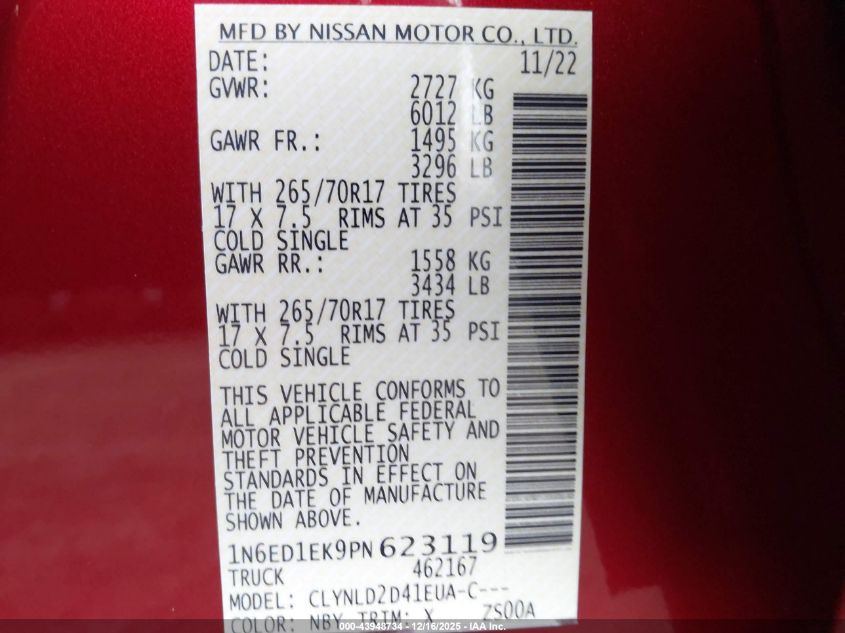 2023 Nissan Frontier Pro-4X 4X4 VIN: 1N6ED1EK9PN623119 Lot: 43948734