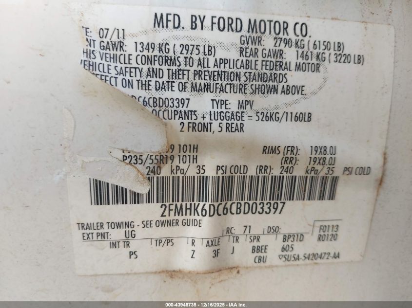 2012 Ford Flex Limited VIN: 2FMHK6DC6CBD03397 Lot: 43948735