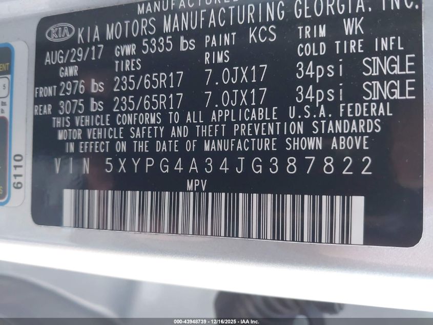 2018 Kia Sorento 2.4L Lx VIN: 5XYPG4A34JG387822 Lot: 43948739
