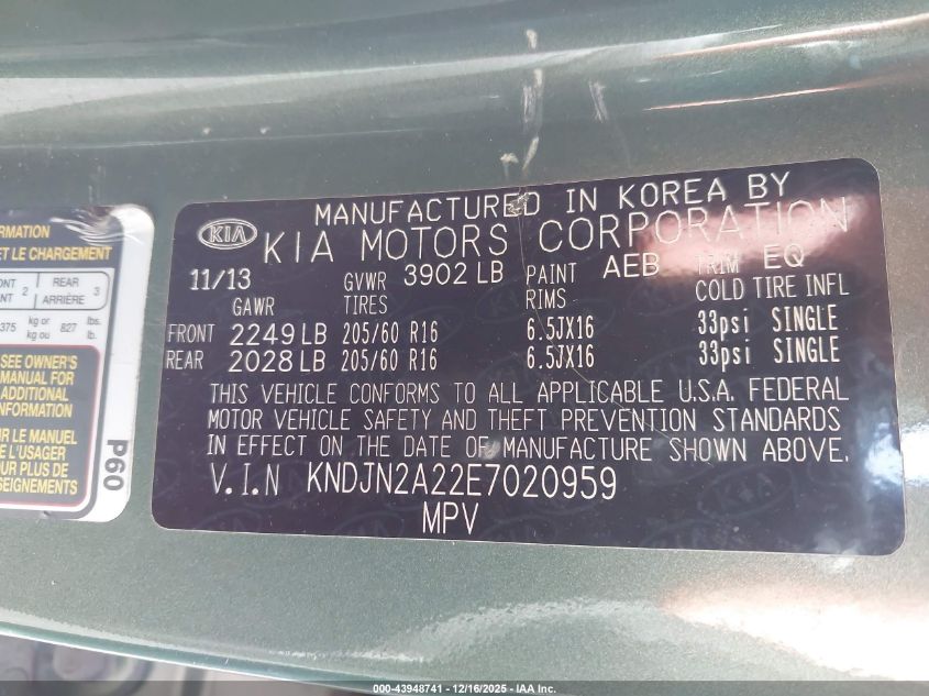 2014 Kia Soul VIN: KNDJN2A22E7020959 Lot: 43948741