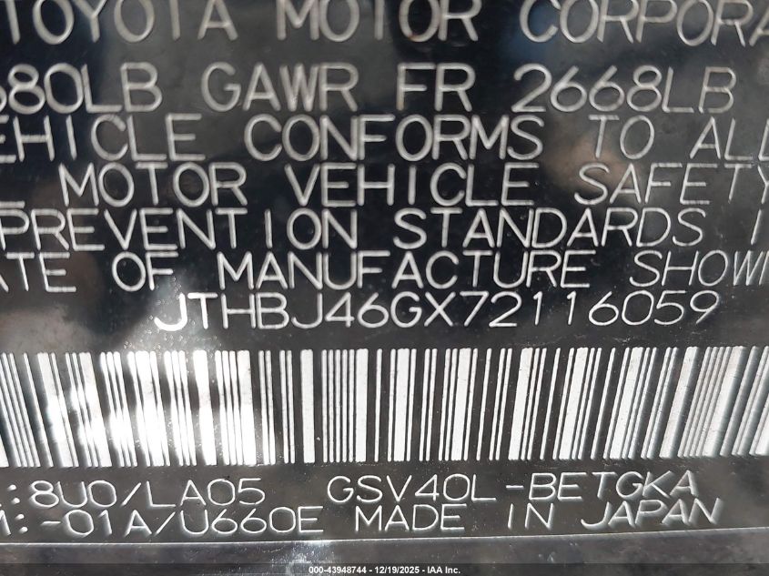 2007 Lexus Es 350 VIN: JTHBJ46GX72116059 Lot: 43948744