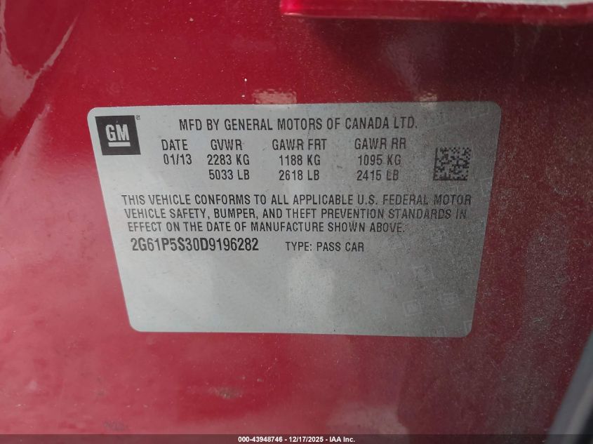 2013 Cadillac Xts Luxury VIN: 2G61P5S30D9196282 Lot: 43948746