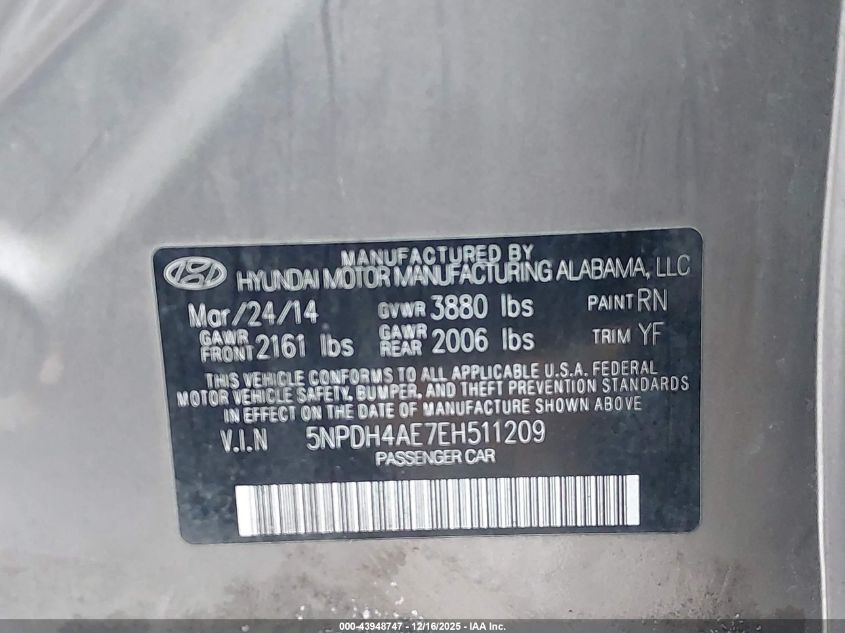 2014 Hyundai Elantra Se VIN: 5NPDH4AE7EH511209 Lot: 43948747
