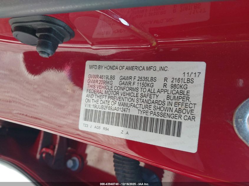 2018 Acura Tlx Tech A-Spec Pkgs VIN: 19UUB2F69JA012471 Lot: 43948748