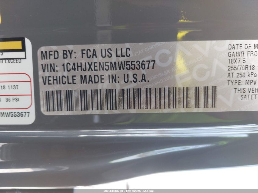 2021 Jeep Wrangler Unlimited Sahara 4X4 VIN: 1C4HJXEN5MW553677 Lot: 43948750