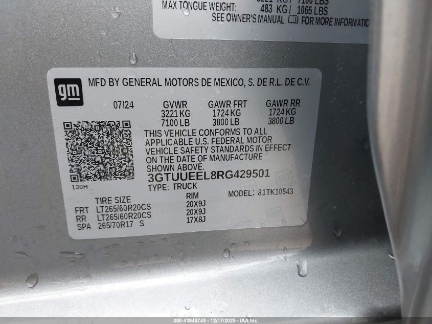 2024 GMC Sierra 1500 4Wd Short Box At4 VIN: 3GTUUEEL8RG429501 Lot: 43948749