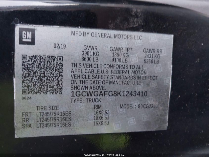 2017 Chevrolet Express 2500 Work Van VIN: 1GCWGAFF2H1334866 Lot: 43948753