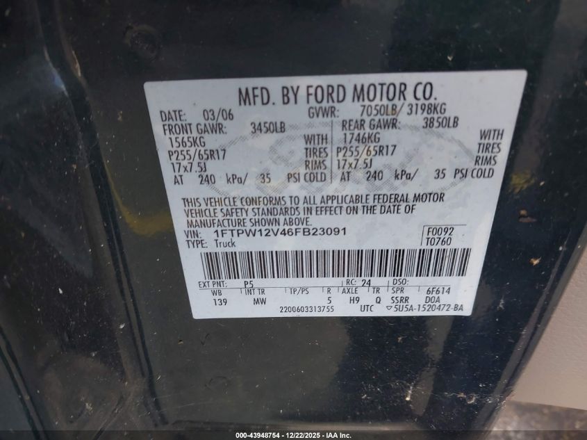 2006 Ford F-150 Lariat/Xlt VIN: 1FTPW12V46FB23091 Lot: 43948754