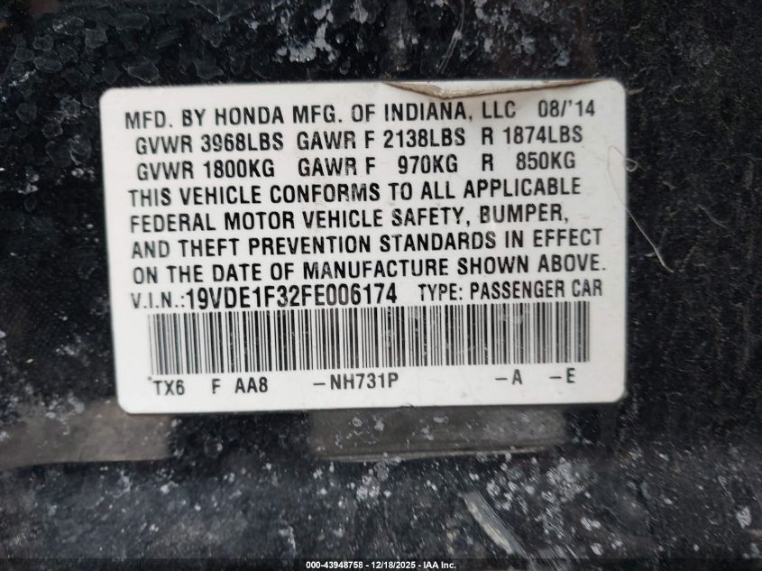 2015 Acura Ilx 2.0L VIN: 19VDE1F32FE006174 Lot: 43948758