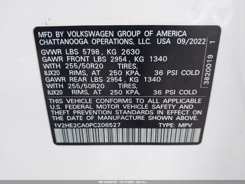 2023 Volkswagen Atlas Cross Sport 3.6L V6 Se W/Technology VIN: 1V2HE2CA0PC206527 Lot: 43948759