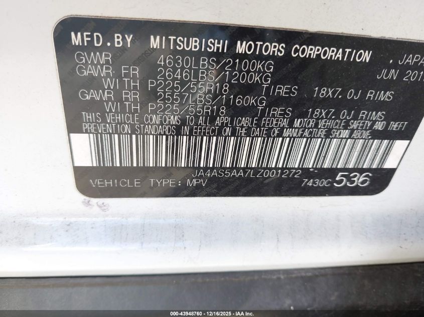 2020 Mitsubishi Eclipse Cross Se 1.5T VIN: JA4AS5AA7LZ001272 Lot: 43948760