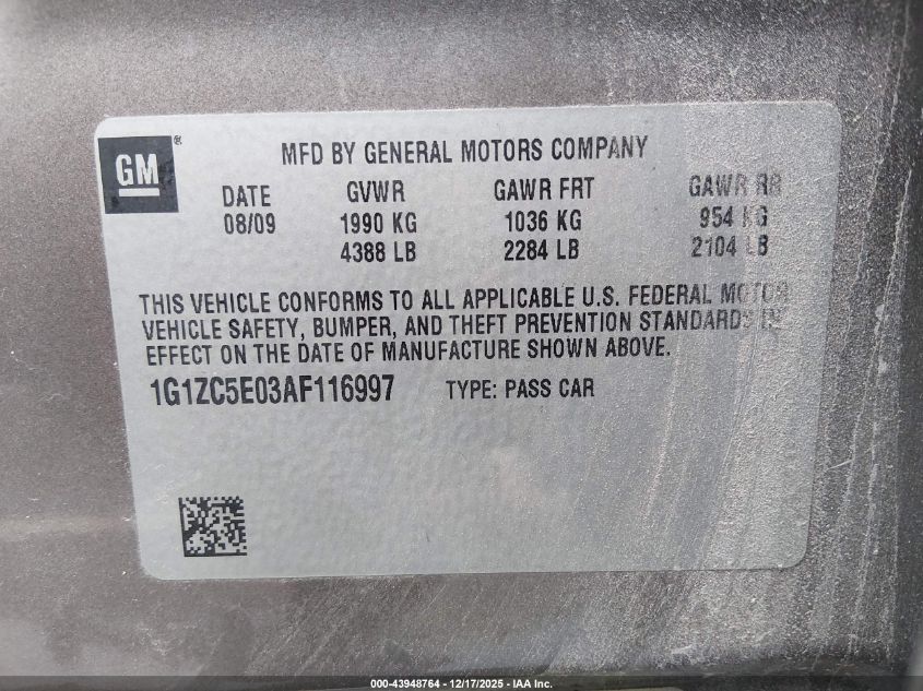 2010 Chevrolet Malibu Lt VIN: 1G1ZC5E03AF116997 Lot: 43948764